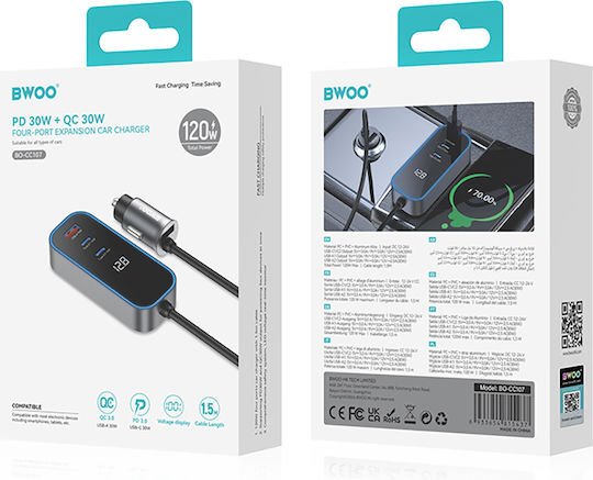 BWOO Încărcător Auto 30W Încărcare Rapidă cu Porturi: 1xUSB 1xType-C Negru Culoare