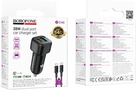 Borofone Borofone Handy-Autoladegerät 38W Schnellladen mit Anschlüssen 1xUSB 1xType-C zusammen mit Lightning Kabel Schwarz