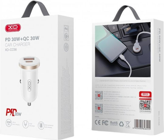 XO Auto-Ladegerät 30W mit Anschlüssen: 1xUSB 1xType-C Weiß Farbe