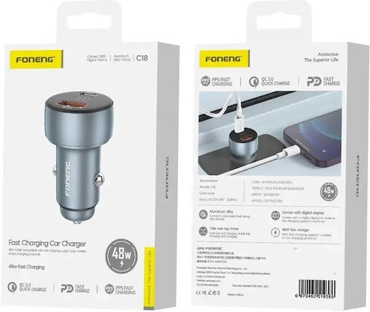 Foneng Auto-Ladegerät 48W 2.4A Schnellladung mit Anschlüssen: 1xUSB 1xType-C Gray Farbe