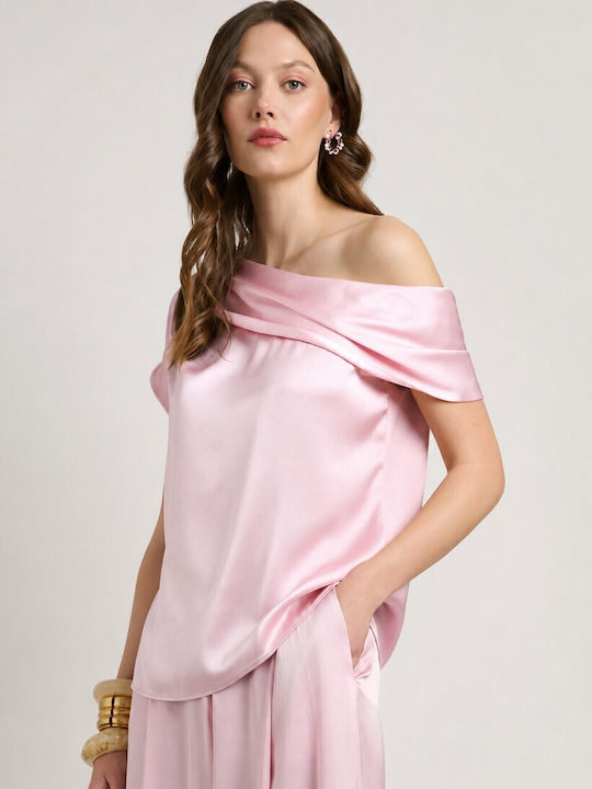 Bluza Damă Satin Drapată Cu Un Umăr Roz