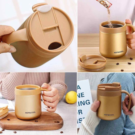 Handled Tumbler Thermos Stainless Steel / Glass 500ml Gold Insulated Travel Mug with Straw and Handle