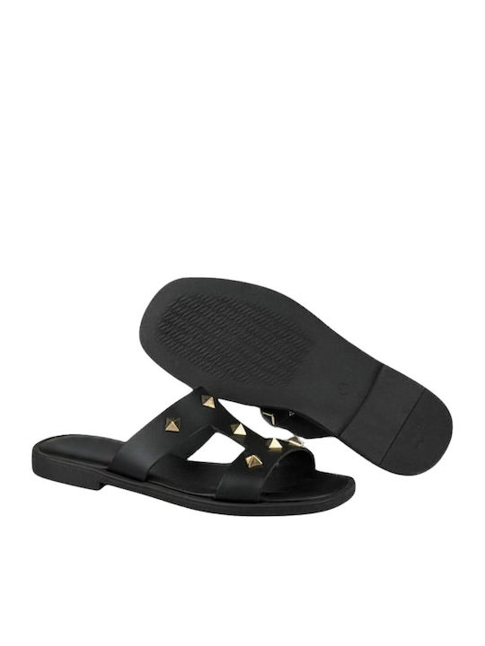 Leder Flache Sandalen Für Damen Schwarz