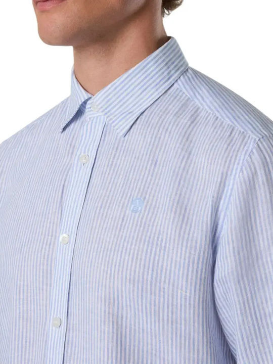Long Sleeve Linen Shirt in Narrow Fit Light Blue Striped Pattern