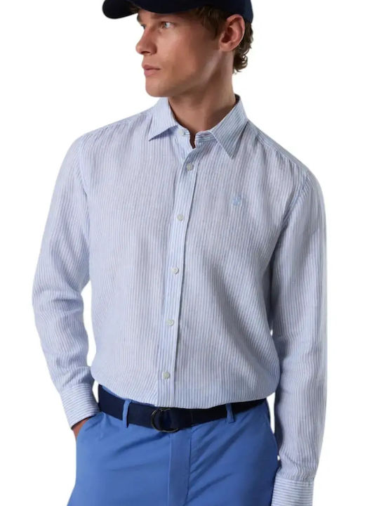 Long Sleeve Linen Shirt in Narrow Fit Light Blue Striped Pattern