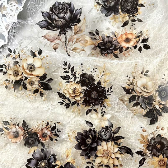 Decorative Vintage Stickers Salmon Black Flowers Set 20 Pieces