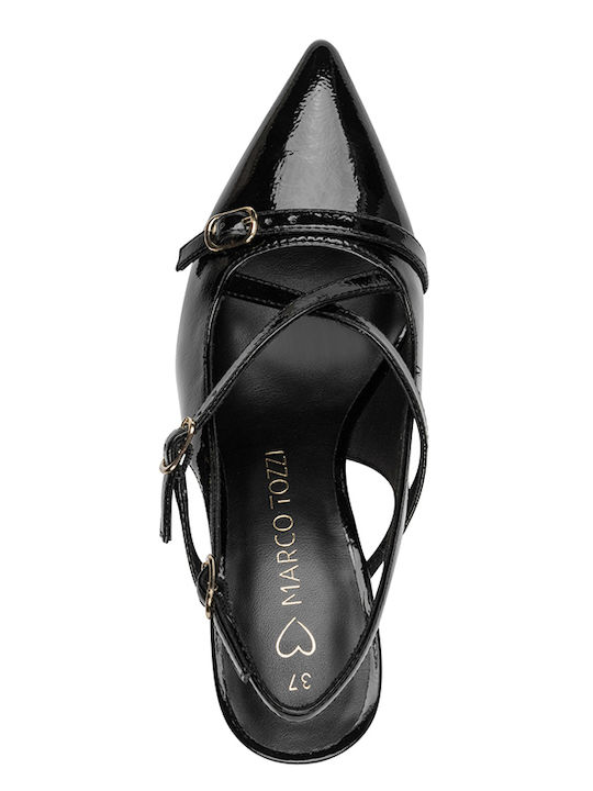 Pointed Toe Heels made of Patent Leather with Strap and High Heel Black