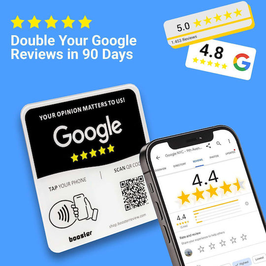 Tap Google Review Plate Tap Instant Reviews Compatible All Phones Reusable Smart Tap Nfc & Qr 12 X 12 Cm Mount Anywhere 3m Adhesive 1-pack