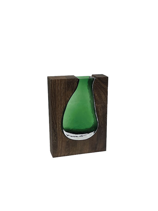 Glass Vase Green Brown Wooden Rectangular Frame Base 22x5x29cm 12/kib