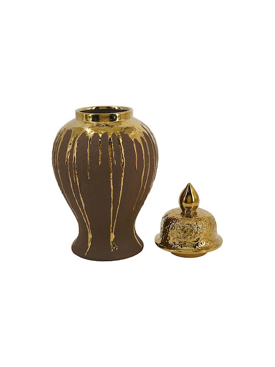 Artekko Candia Ceramic Vase With Lid Brown Gold 21.5x21.5x41.5 Cm