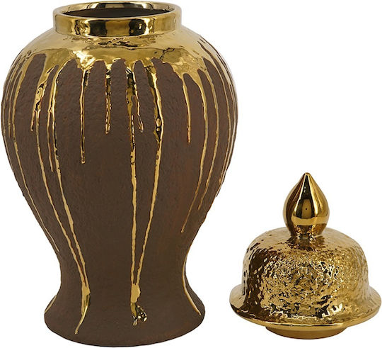 Artekko Candia Ceramic Vase With Lid Brown Gold 21.5x21.5x41.5 Cm