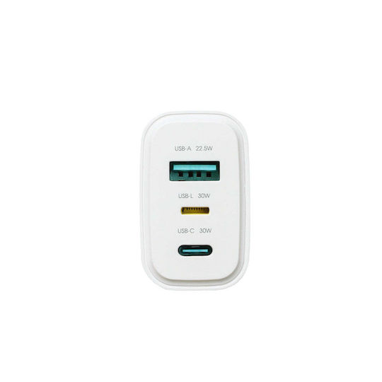 Joyroom Зарядно Устройство Без Кабел GaN с USB-A Изходен Порт и 2 USB-C Изходни Порта и USB-C Кабел 30W Бял (JR-TG6)