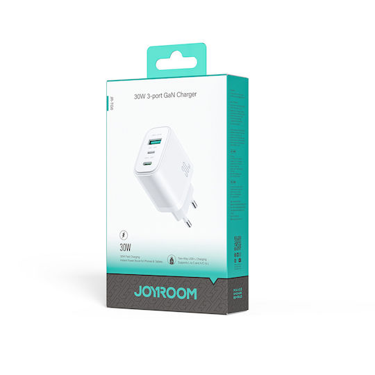 Joyroom Зарядно Устройство Без Кабел GaN с USB-A Изходен Порт и 2 USB-C Изходни Порта и USB-C Кабел 30W Бял (JR-TG6)