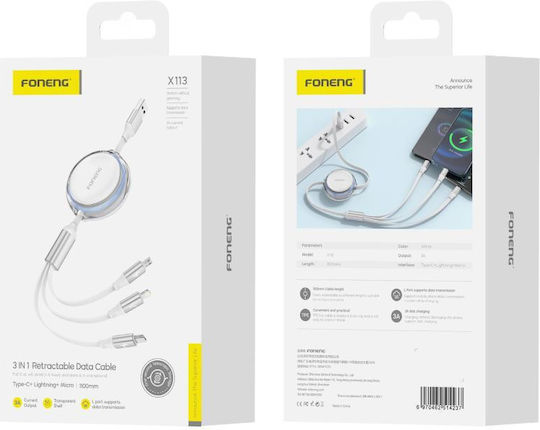 Foneng Ausziehbar USB zu Blitzschlag / Typ-C,TC-TC / Micro-USB Kabel 2.1A Weiß 1.1m