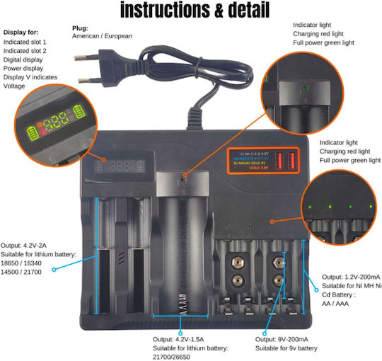 USB Charger 2 Batteries Li-ion Size AA/AAA/9V/18650/21700/16340/26650/14500