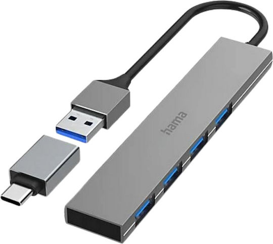 HAMA 200141 USB Hub with 4 USB 3.0 Ports with USB-A / USB-C Connection Grey