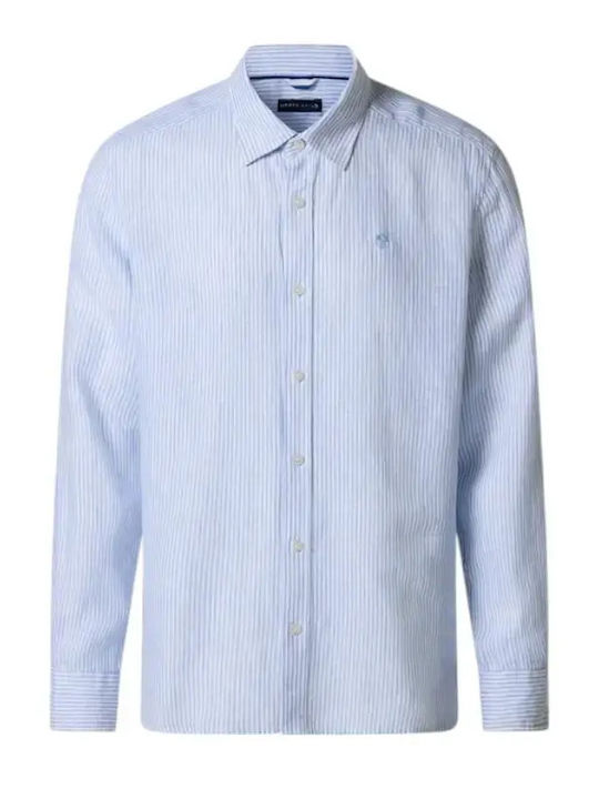Long Sleeve Linen Shirt in Narrow Fit Light Blue Striped Pattern