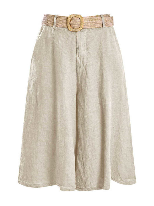 Celestino Ζιπ Κιλότ Γυναικεία Παντελόνα Λινή Ζώνη Loose Fit Μπεζ
