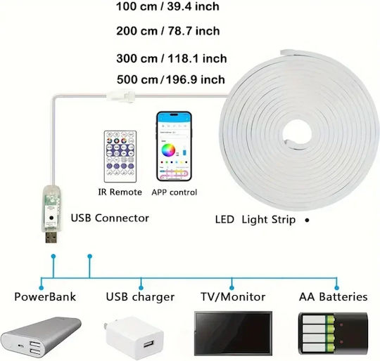 Waterproof TV LED Strip USB 5V 5m Neon Flex with Power Supply & Remote Control