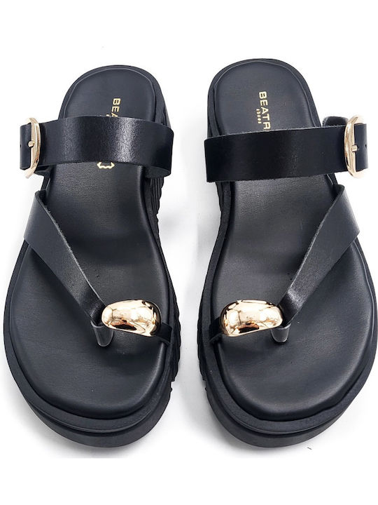 Leder Flache Damen Sandalen Flatforms Schwarz