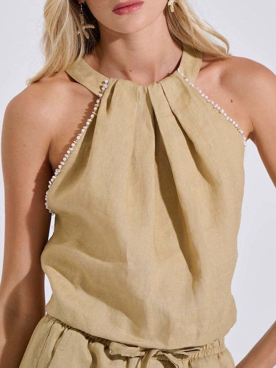 Women's Summer Linen Sleeveless Blouse with Neck Tie Beige