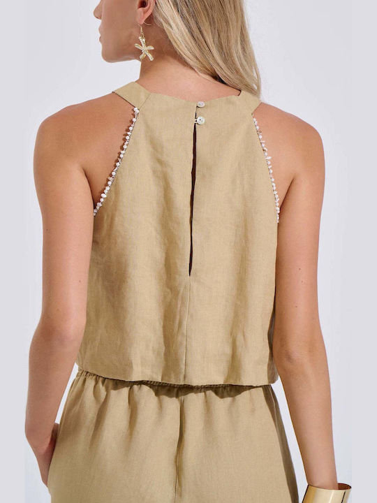 Women's Summer Linen Sleeveless Blouse with Neck Tie Beige