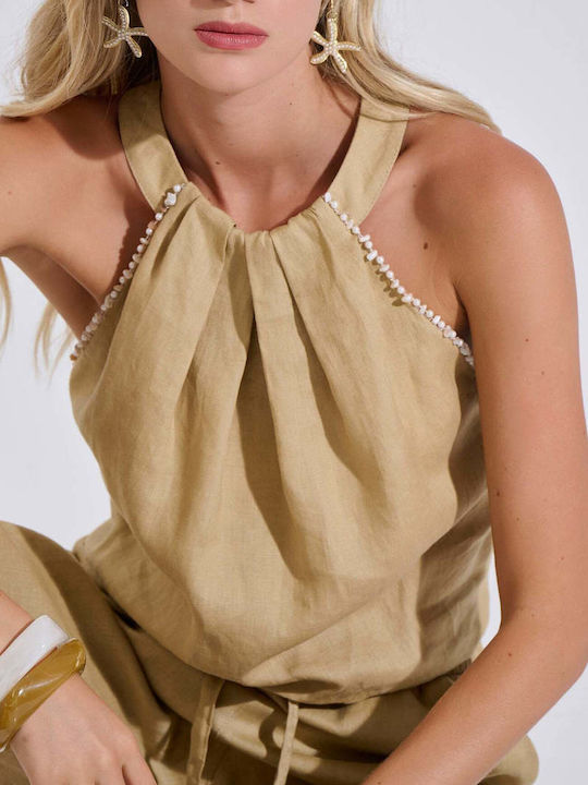 Women's Summer Linen Sleeveless Blouse with Neck Tie Beige