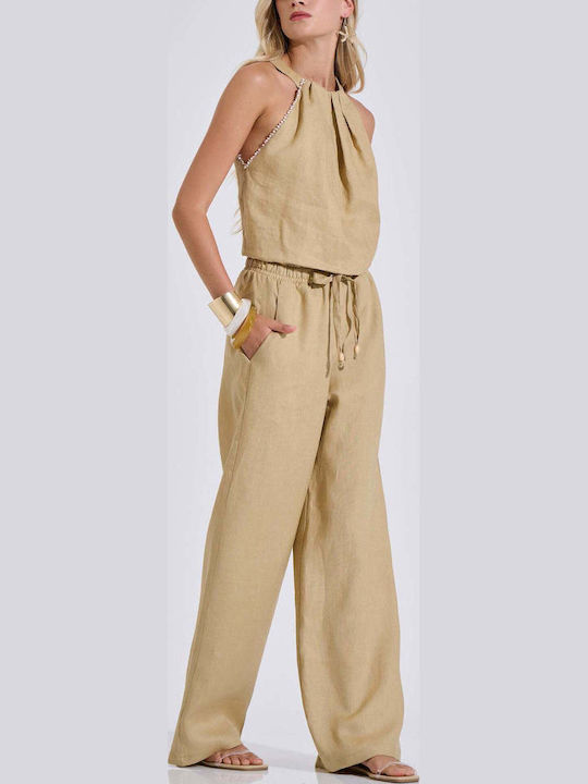Women's Linen Pantaloons with Elastic in Loose Fit Beige
