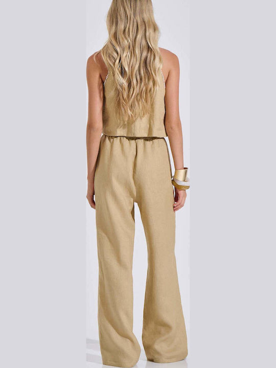 Women's Linen Pantaloons with Elastic in Loose Fit Beige