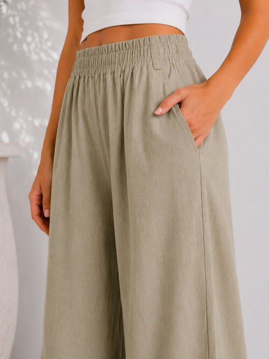 Women's High Rise Pantaloons with Rubber Band in Loose Fit Khaki