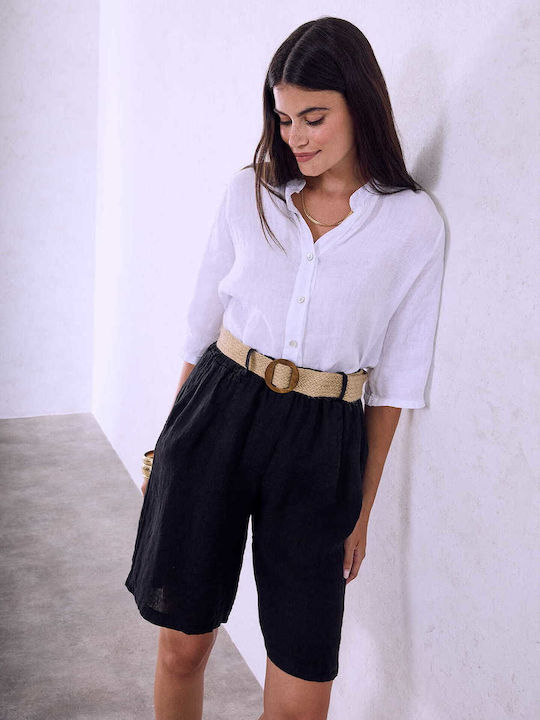 Celestino Women's Linen Bermudas With Straw Belt Black