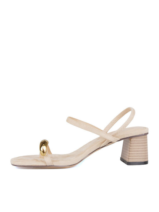 Suede Mules With High Heel In Beige Colour