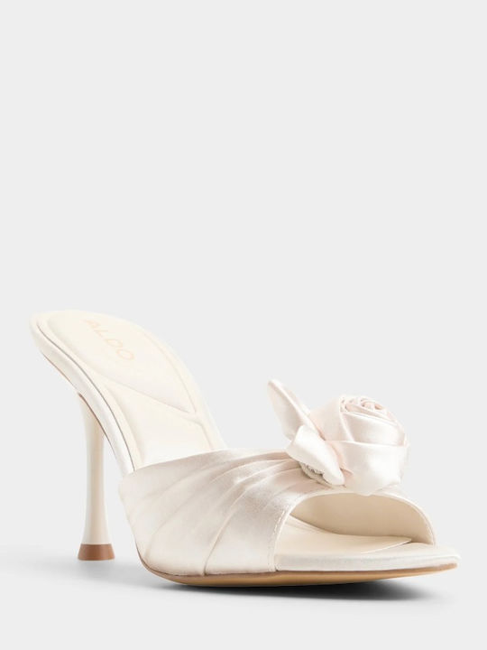 Satin Mules With Thin High Heel In Ecru Colour