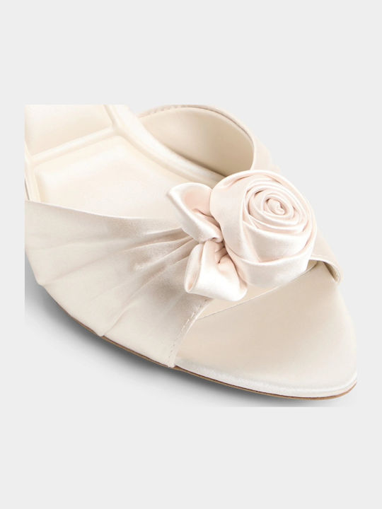 Satin Mules With Thin High Heel In Ecru Colour