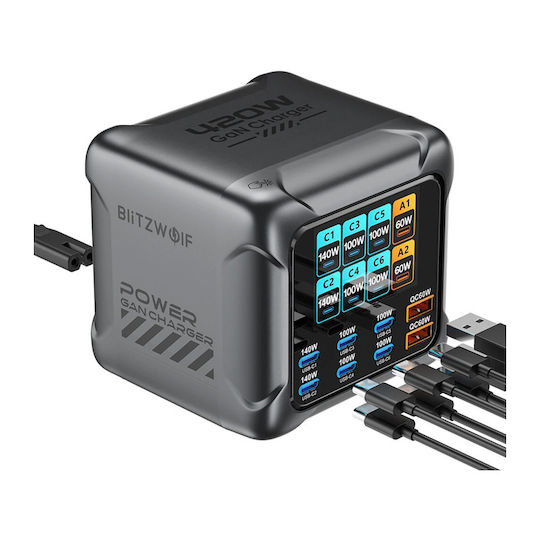 BlitzWolf GaN Charging Station with 2 USB-A Output Ports and 6 USB-C Output Ports 420W Power Delivery in Black Colour (BW-S33)