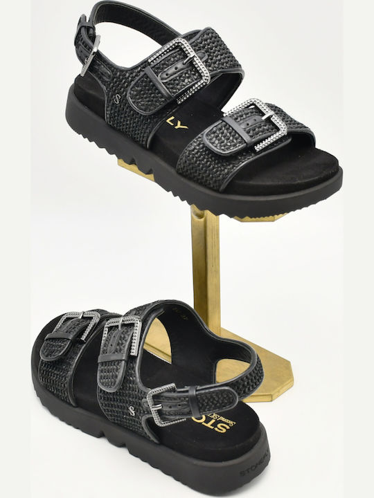 Leder Flache Damen Sandalen Flatforms Schwarz