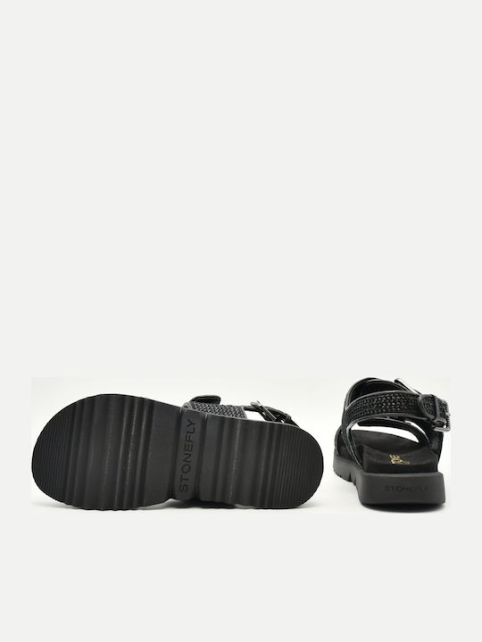 Leder Flache Damen Sandalen Flatforms Schwarz