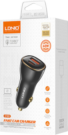 Ldnio Car Charger C103 Usb-c Cable Usb/usb-c 60w Black 5210131159941
