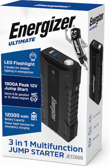 Energizer Starter Portabil Pentru Bateria Auto 12000mAh cu Power Bank / Lanternă / USB 12V