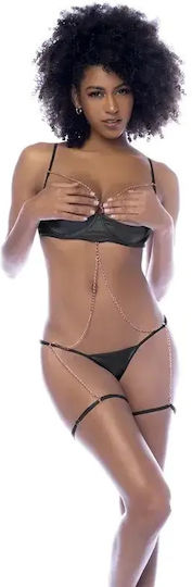 Chain Harness Open Cup Two Piece Set Wet Look Σετ Open Cup Αλυσίδες Rose Gold Ζαρτιέρες Μαύρο Rose Gold
