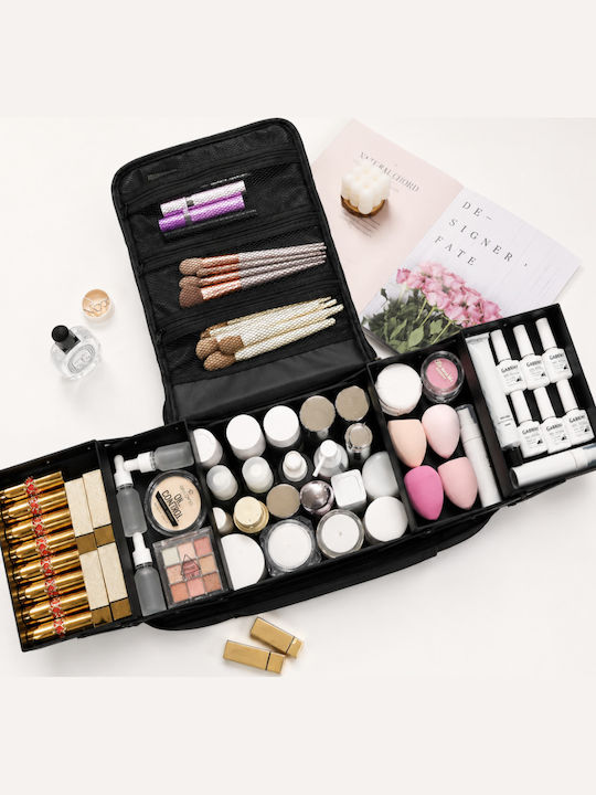 Zola Kosmetik Kulturbeutel 4 Erweiterbare Fächer 3 Reißverschlussfächer Tragegurt Wasserdicht 25,5 x 28 x 21 cm Schwarz