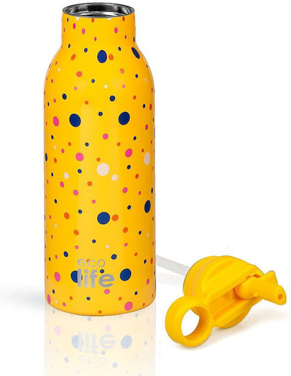 Metal Bottle Thermos Stainless Steel Aluminum BPA Free 550ml Dots In Yellow with Straw