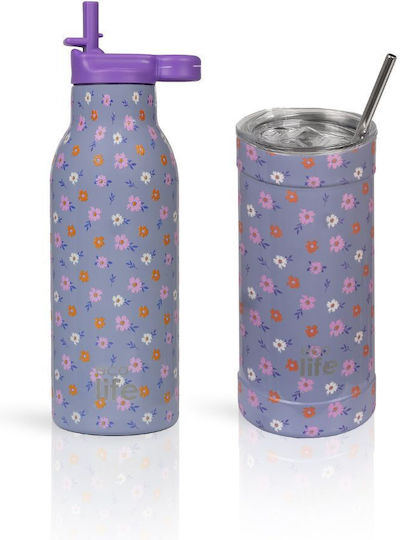 Ecolife Ανακυκλώσιμο Ποτήρι Θερμός Ανοξείδωτο BPA Free 550ml Flower Bloom με Καλαμάκι