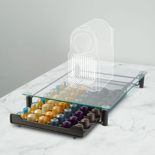 Suport Capsule Cafea Nespresso 60 Capsule Sertar Metalic Blat Sticlă Negru Mat Organizator Espresso