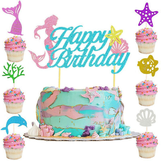 Cake Pastry Topper Set Alista Home Mermaid Theme Large Happy Birthday Script Model 16.5x8.2 Cm 6 Small Marine Model Toppers 5x5 Cm Multicolor