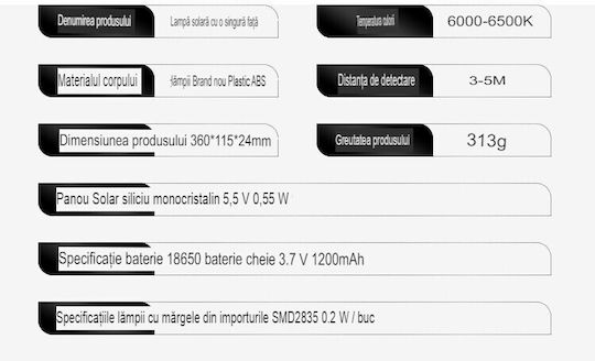 Alista Home Lampă Solară de Perete 20W 2400lm Alb Rece cu Senzor de Mișcare și Telecomandă IP65 36x11.5cm