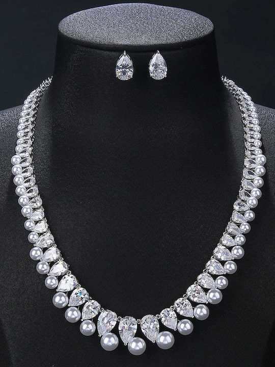 Jewelry Set with Necklace & Earrings in White Gold with Stones and Pearls