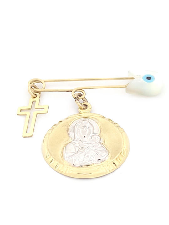 Children's Safety Pin Charm in 9K Gold with Cross and Icon of the Virgin Mary