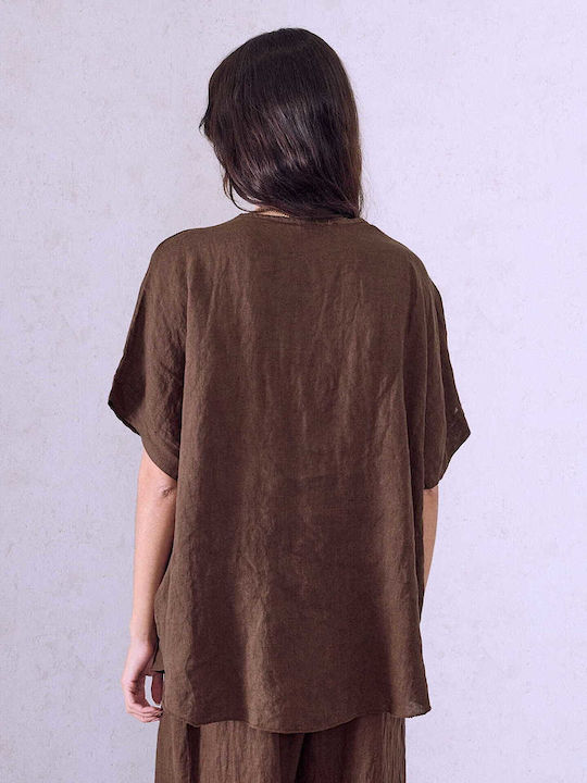 Celestino Bluza Damă Din In Cu Plisuri Fit Loose Maro