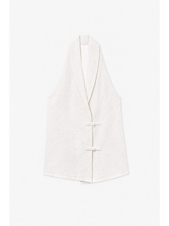 Women's Summer Linen Sleeveless Blouse with Tie at Neck Ecru